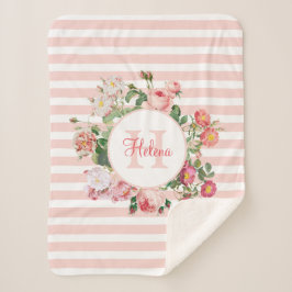 ヴィンテージ花ピンクストライプ色モノグラム シェルパブランケット