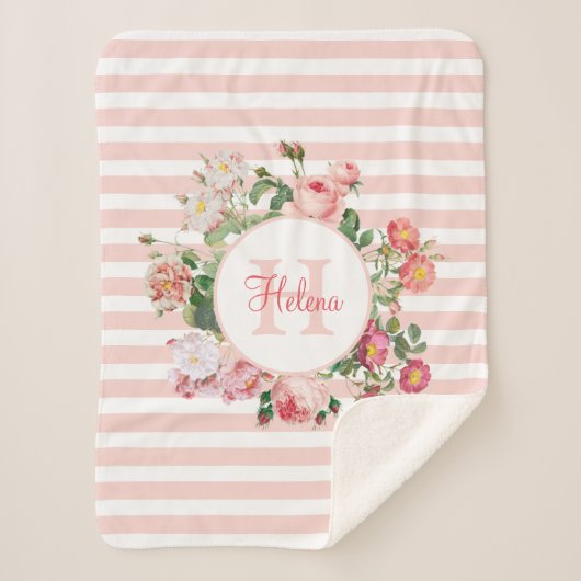 ヴィンテージ花ピンクストライプ色モノグラム シェルパブランケット (正面)
