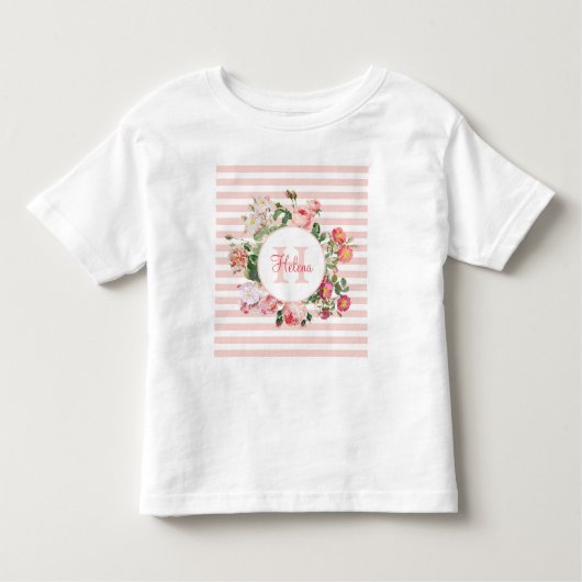 ヴィンテージ花ピンクストライプ色モノグラム トドラーTシャツ (正面)