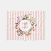 ヴィンテージ花ピンクストライプ色モノグラム フリースブランケット (正面(横))