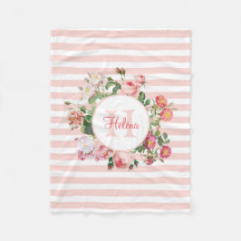 ヴィンテージ花ピンクストライプ色モノグラム フリースブランケット