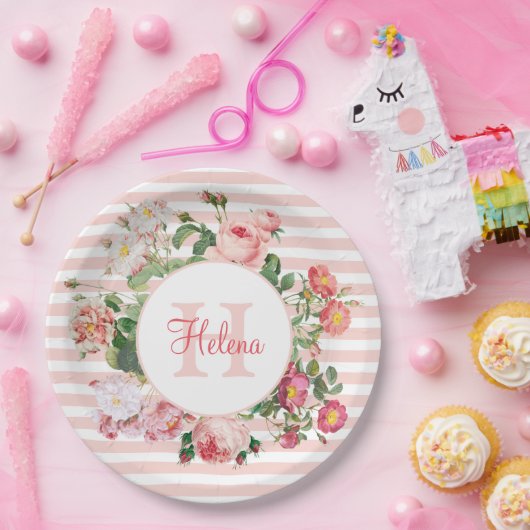 ヴィンテージ花ピンクストライプ色モノグラム ペーパープレート (パーティー)