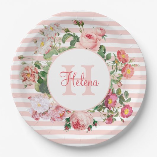 ヴィンテージ花ピンクストライプ色モノグラム ペーパープレート (正面)