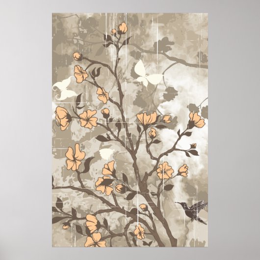 ヴィンテージ花ピーチ、トープグランジフローラカスタム ポスター (正面)