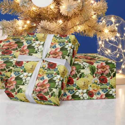 ヴィンテージ花モノグラムフローラ ラッピングペーパー (クリスマス)
