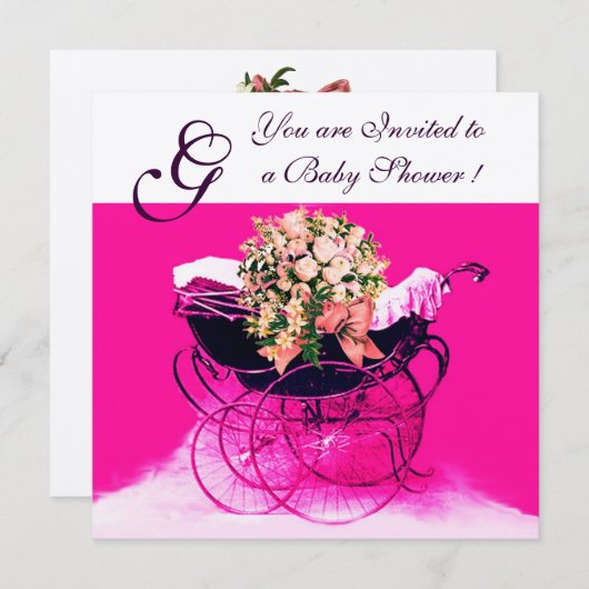 ヴィンテージ花付きパーム赤ちゃんシャワーモノグラム 招待状 (正面/裏面)