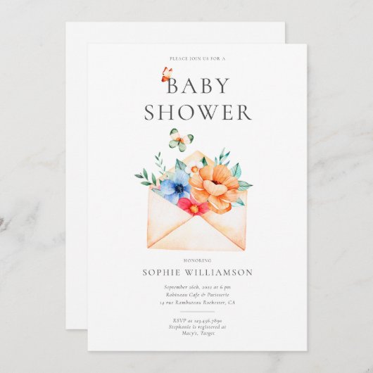 ヴィンテージ花付き封筒ベビーシャワー 招待状 (正面/裏面)