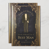 ヴィンテージ花婿介添人提案金ゴールドブラックエレガントスーツ 招待状 (正面/裏面)