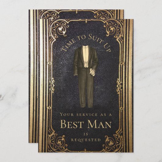 ヴィンテージ花婿介添人提案金ゴールドブラックエレガントスーツ 招待状 (正面/裏面)