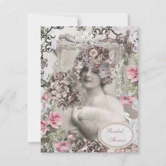 ヴィンテージ花嫁とジュエリー&フラワーズブライダルシャワー 招待状 (正面)