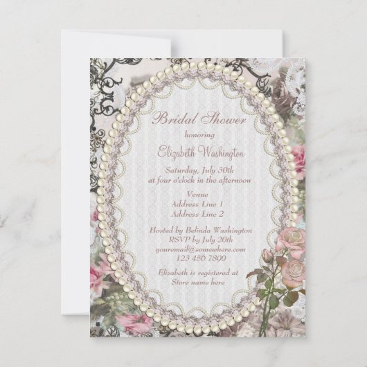 ヴィンテージ花嫁とジュエリー&フラワーズブライダルシャワー 招待状 (裏面)