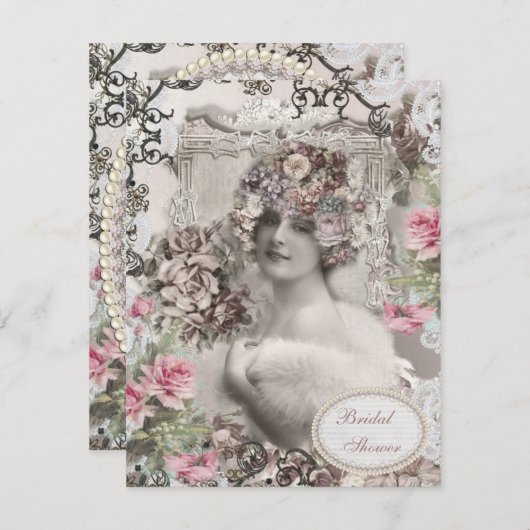 ヴィンテージ花嫁とジュエリー&フラワーズブライダルシャワー 招待状 (正面/裏面)