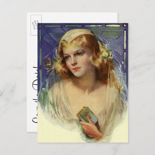 ヴィンテージ花嫁とバイブル、結婚式の日付を保存 案内ポストカード (正面/裏面)