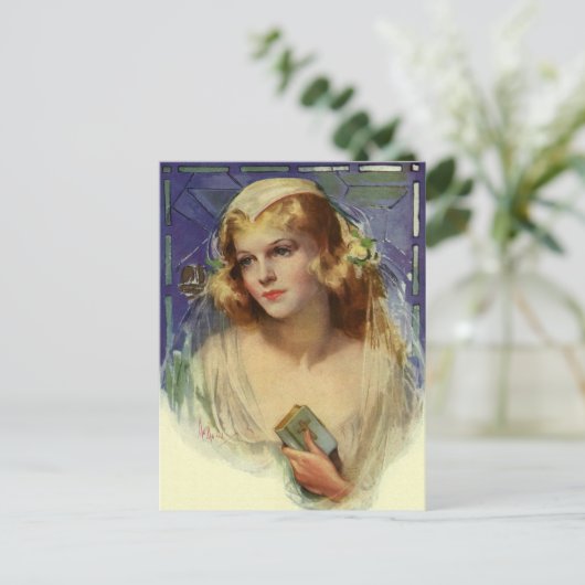 ヴィンテージ花嫁とバイブル、結婚式の日付を保存 案内ポストカード (スタンド正面)