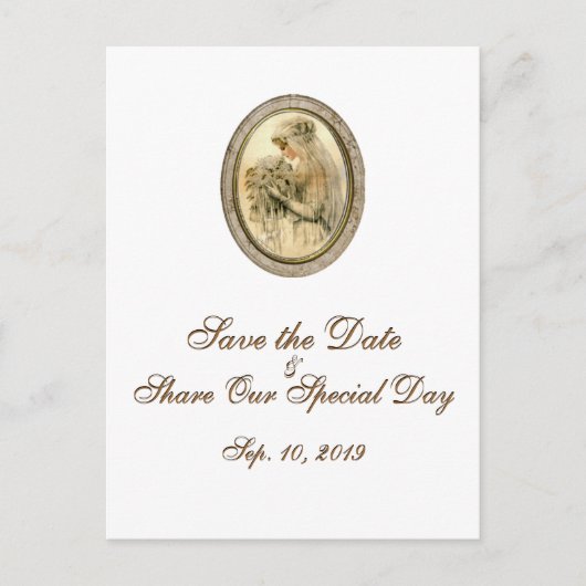 ヴィンテージ花嫁ウェディング日付はがきを保存 案内ポストカード (正面)