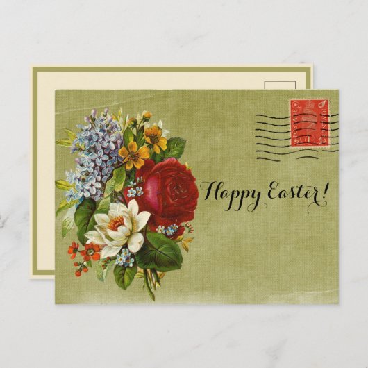 ヴィンテージ花束緑メールと赤スタンプ シーズンポストカード (正面/裏面)