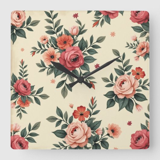 ヴィンテージ花柄クラシック優雅 スクエア壁時計 (正面)