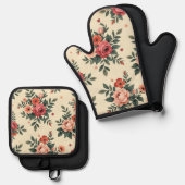 ヴィンテージ花柄クラシック優雅 鍋つかみ&鍋敷きセット (正面/裏面)