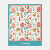 ヴィンテージ花柄シーグリーン&サーモン フリースブランケット (正面)
