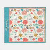 ヴィンテージ花柄シーグリーン&サーモン フリースブランケット (正面(横))