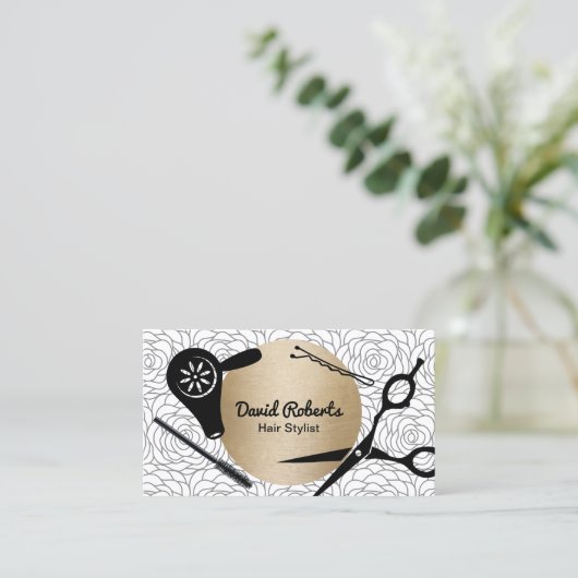 ヴィンテージ花柄金ゴールド円美容師 名刺 (スタンド正面)