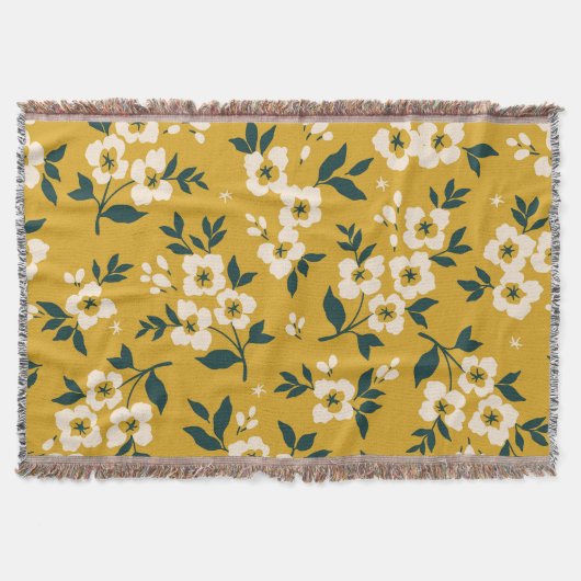 ヴィンテージ花柄、小さな白い花。 スローブランケット (正面)