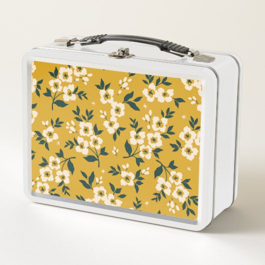 ヴィンテージ花柄、小さな白い花。 メタルランチボックス (正面)