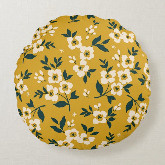 ヴィンテージ花柄、小さな白い花。 ラウンドクッション (正面)