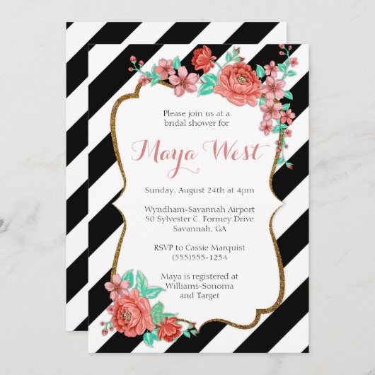 ヴィンテージ花模様とグリッター招待状 招待状 (正面/裏面)