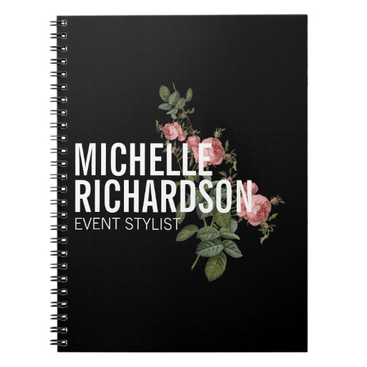 ヴィンテージ花模様はっきりした文字オンブラックパーソナライズされた ノートブック (正面)