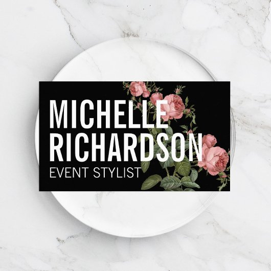 ヴィンテージ花模様はっきりした文字オンブラック 名刺