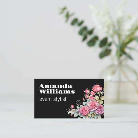 ヴィンテージ花模様はっきりした文字オンブラック 名刺 (スタンド正面)