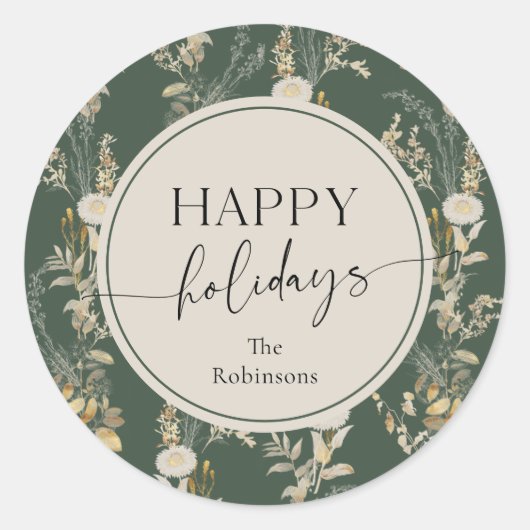 ヴィンテージ花模様グリーンハッピーホリデーズステッカー ラウンドシール (正面)