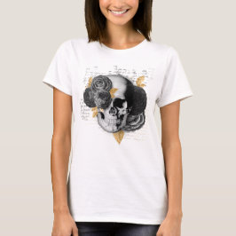 ヴィンテージ花模様スカル、スクリプトフェイク金ゴールドの葉 Tシャツ