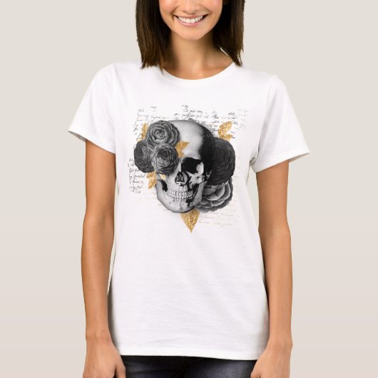 ヴィンテージ花模様スカル、スクリプトフェイク金ゴールドの葉 Tシャツ (正面)