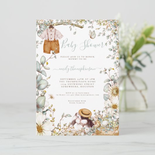 ヴィンテージ花模様バニーショーツボーイベビーシャワー 招待状 (スタンド正面)