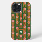 ヴィンテージ花模様、ピンクの緑のレトロ iPhoneケース (裏面)