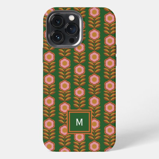 ヴィンテージ花模様、ピンクの緑のレトロ iPhoneケース (裏面)