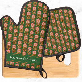 ヴィンテージ花模様、ピンク色の緑のレトロモノグラムの 鍋つかみ&鍋敷きセット