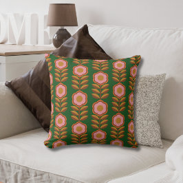 ヴィンテージ花模様、緑のレトロパターンのピンク クッション