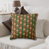 ヴィンテージ花模様、緑のレトロパターンのピンク クッション