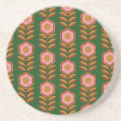 ヴィンテージ花模様、緑のレトロパターンのピンク コースター (正面)