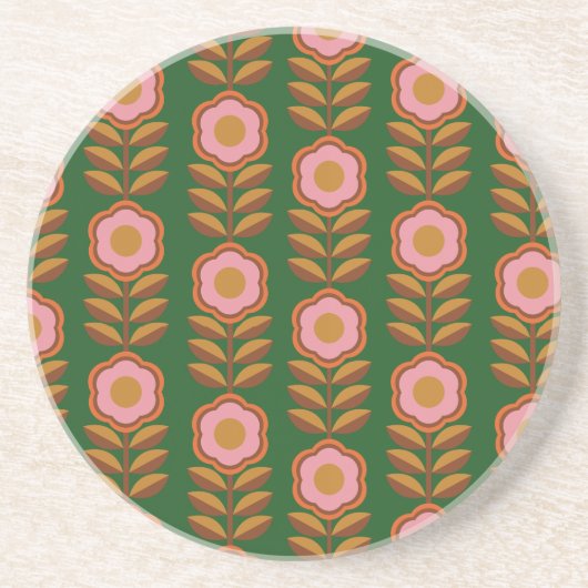 ヴィンテージ花模様、緑のレトロパターンのピンク コースター (正面)