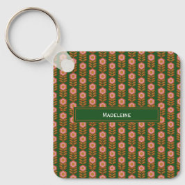 ヴィンテージ花模様、緑の予算にピンクモノグラムの色 キーホルダー