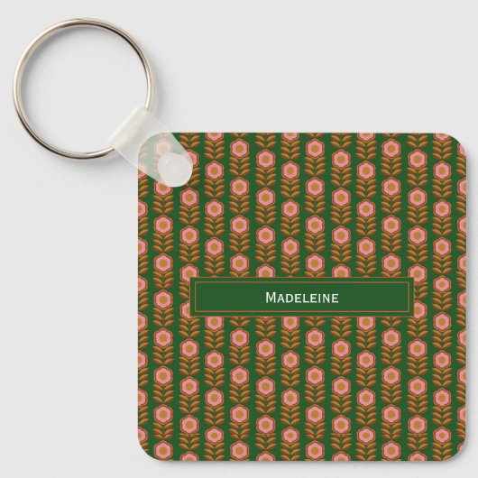 ヴィンテージ花模様、緑の予算にピンクモノグラムの色 キーホルダー (正面)