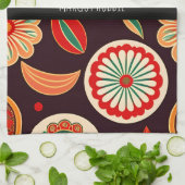 ヴィンテージ花濃赤花柄 キッチンタオル (折り畳み)