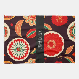 ヴィンテージ花濃赤花柄 キッチンタオル