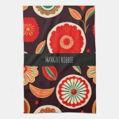 ヴィンテージ花濃赤花柄 キッチンタオル (縦)