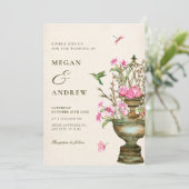 ヴィンテージ花瓶ブーケ庭園の結婚式 招待状 (スタンド正面)