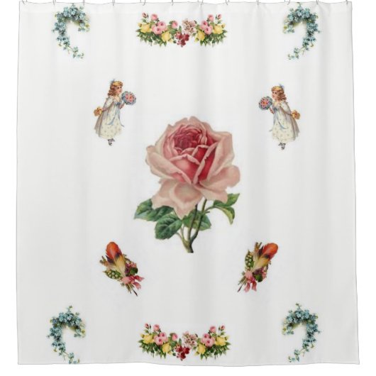 ヴィンテージ花白シャワーカーテン シャワーカーテン (正面)